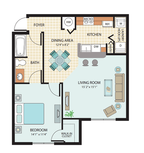 Floor plan for 1 bed, 1 bath, 761 sqft